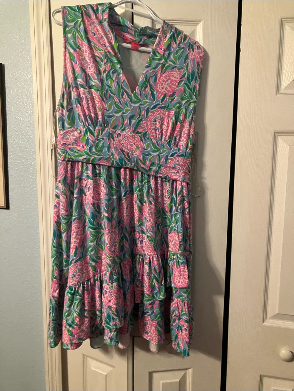 Lilly Pulitzer Pink & Aqua Floral V-Neck Sea Turtle Dress XL